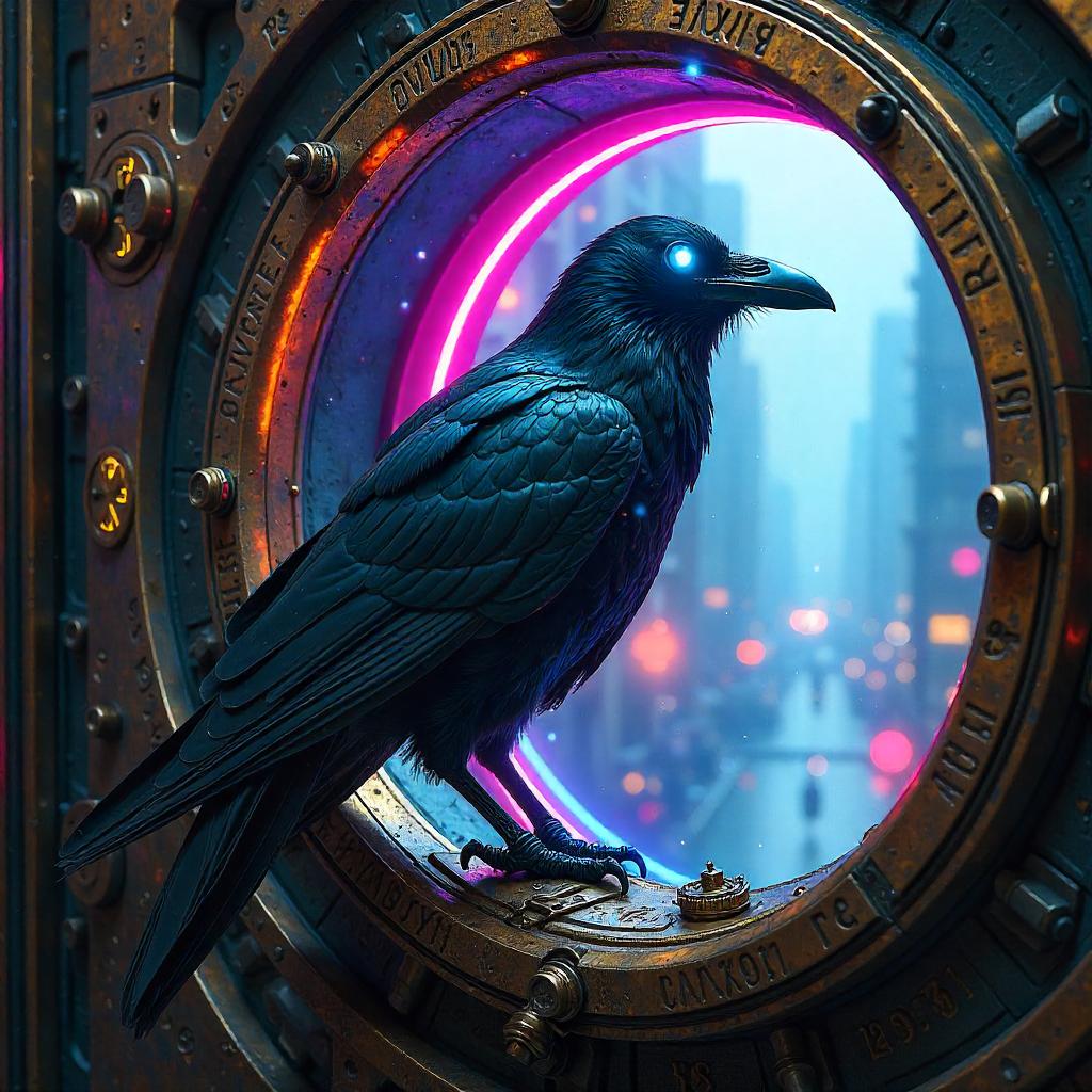 Raven Archivist in a Neon Cyberpunk Time Machine