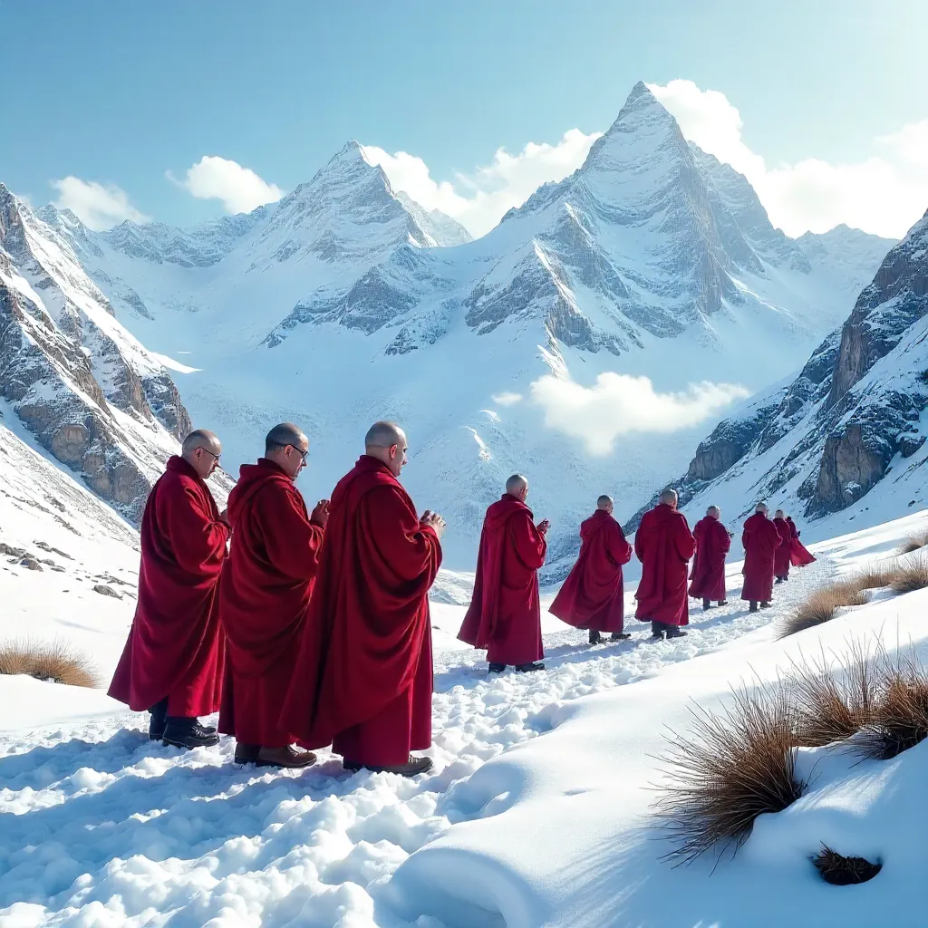 Monks in Red Robes Amid Snowy Mountains