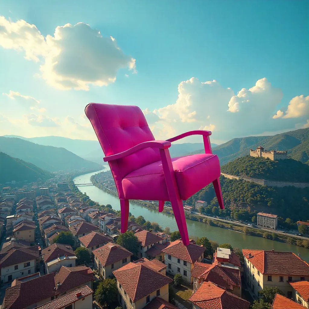 Pink Chair Aerial View Over Tbilisi: Skyward Perspective