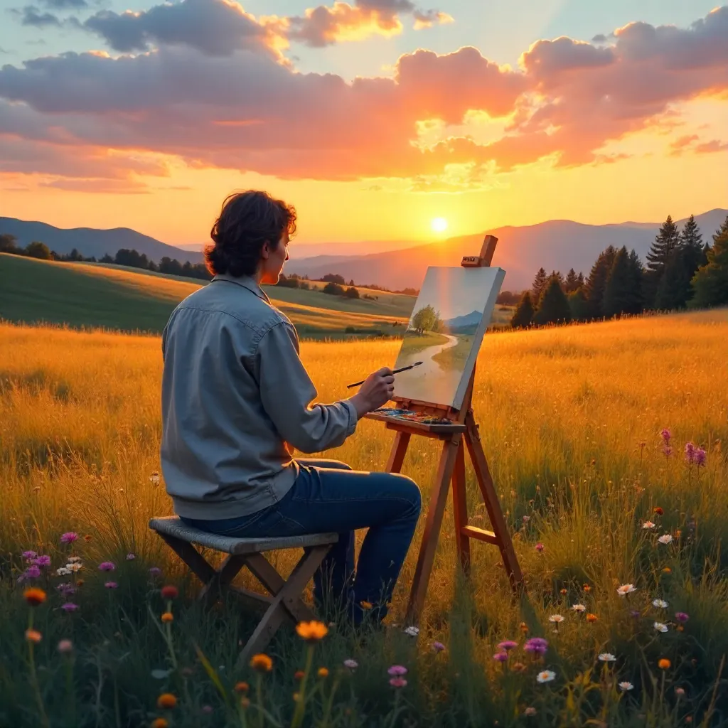 Sunset Meadow: Artist Painting in Peaceful Field