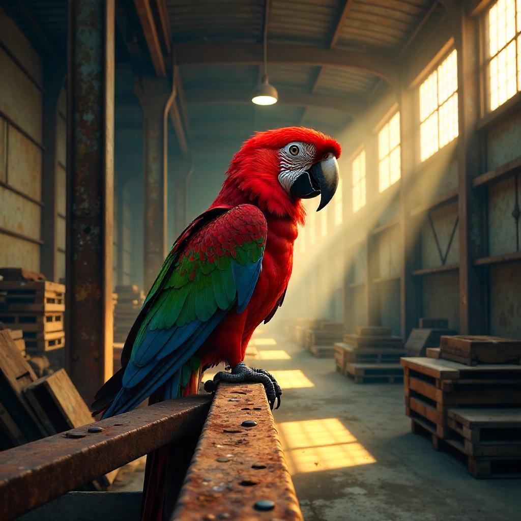 Vibrant Parrot in a Dim Warehouse - Digital Art