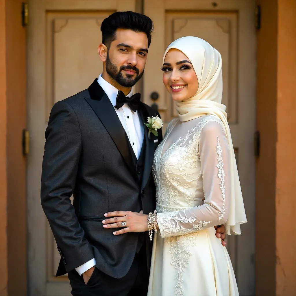 Elegant Muslim Couple by Rustic Door in Orange Backdrop