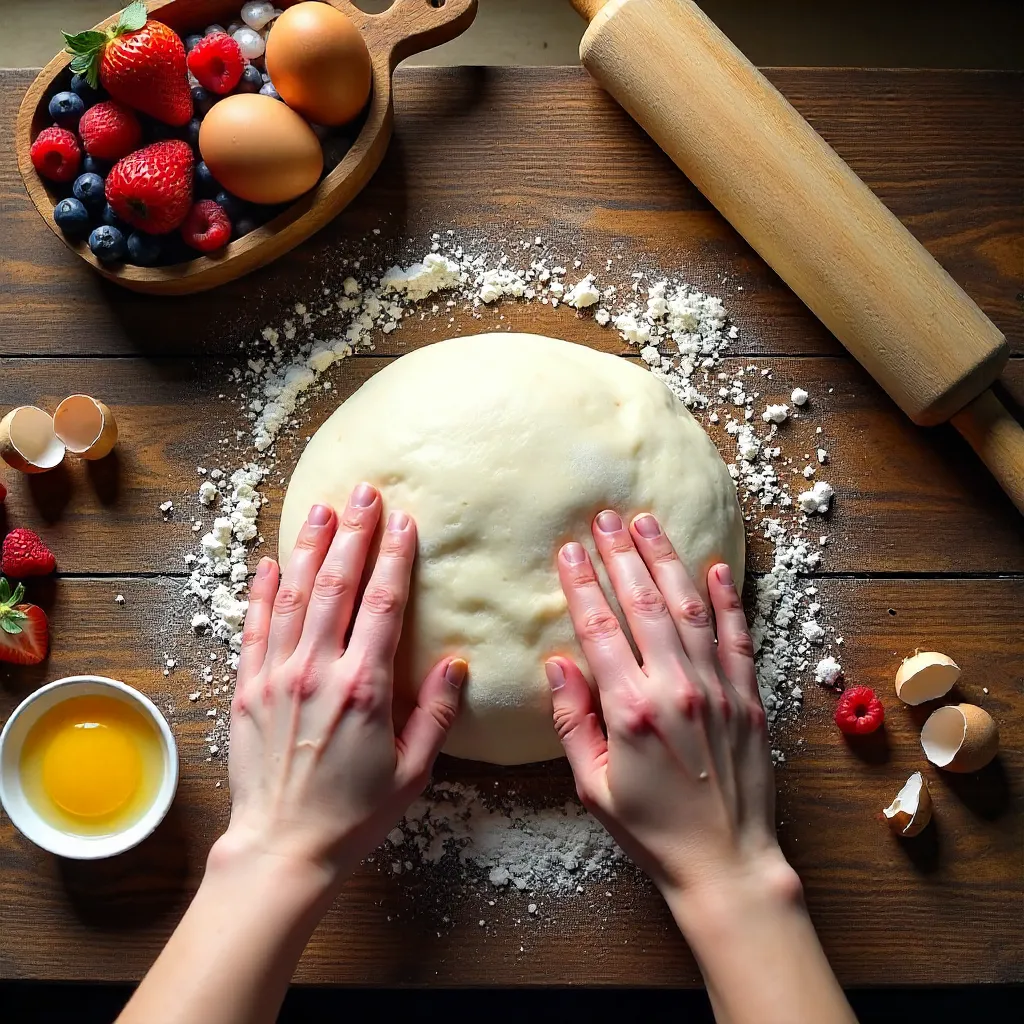 Top-Down Dough Prep with Eggs and Berries
