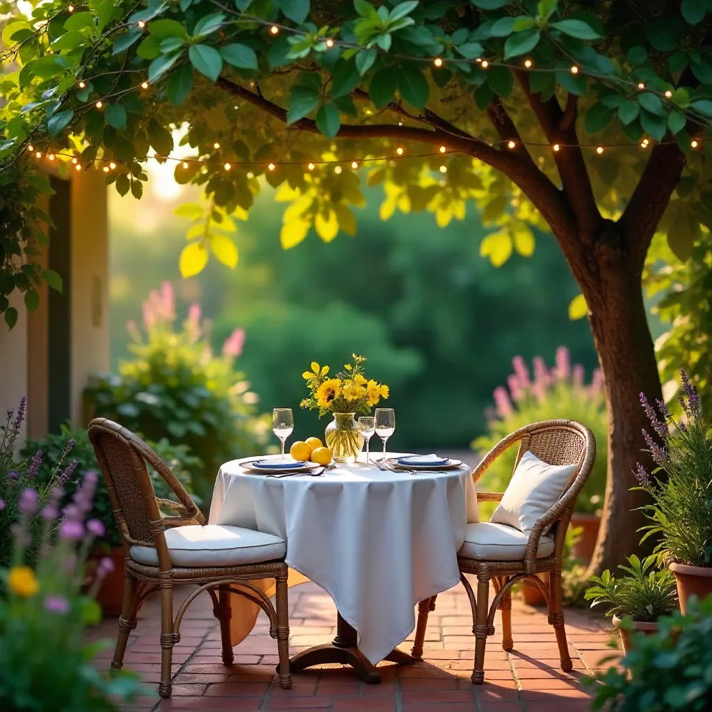 Charming Lemon Tree Patio Dinner in a Cozy Garden