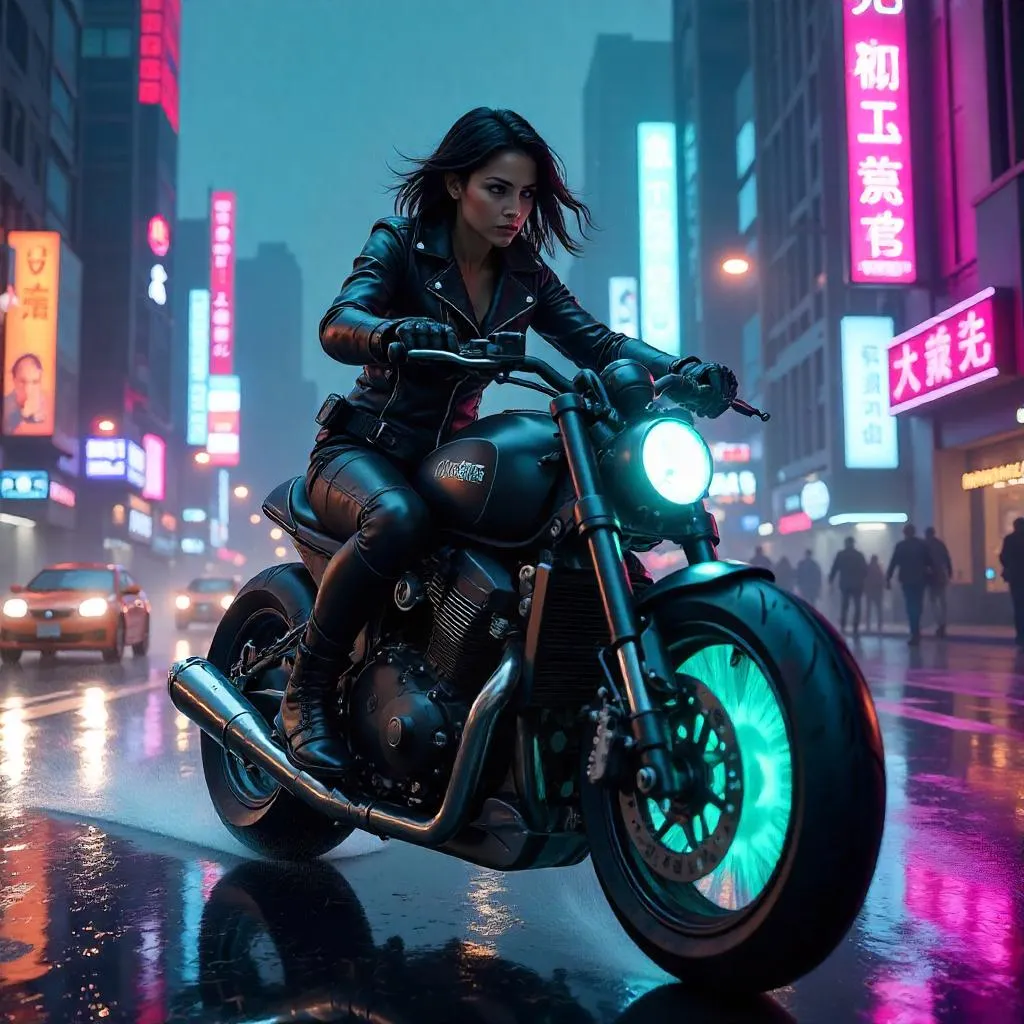 Neon Rider: Latina Cybergirl on a Cyberpunk Motorcycle