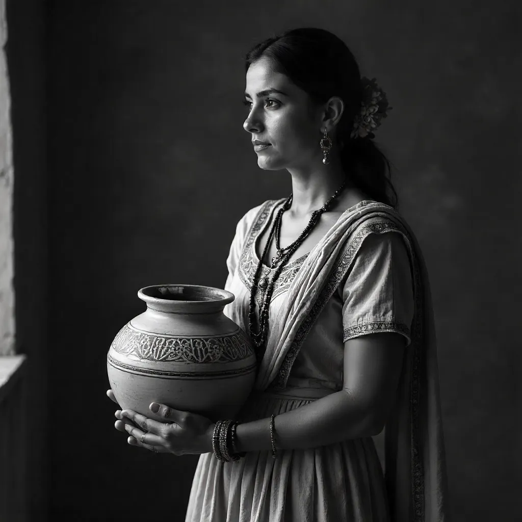 Monochrome portrait: woman in traditional dress with decorated pot