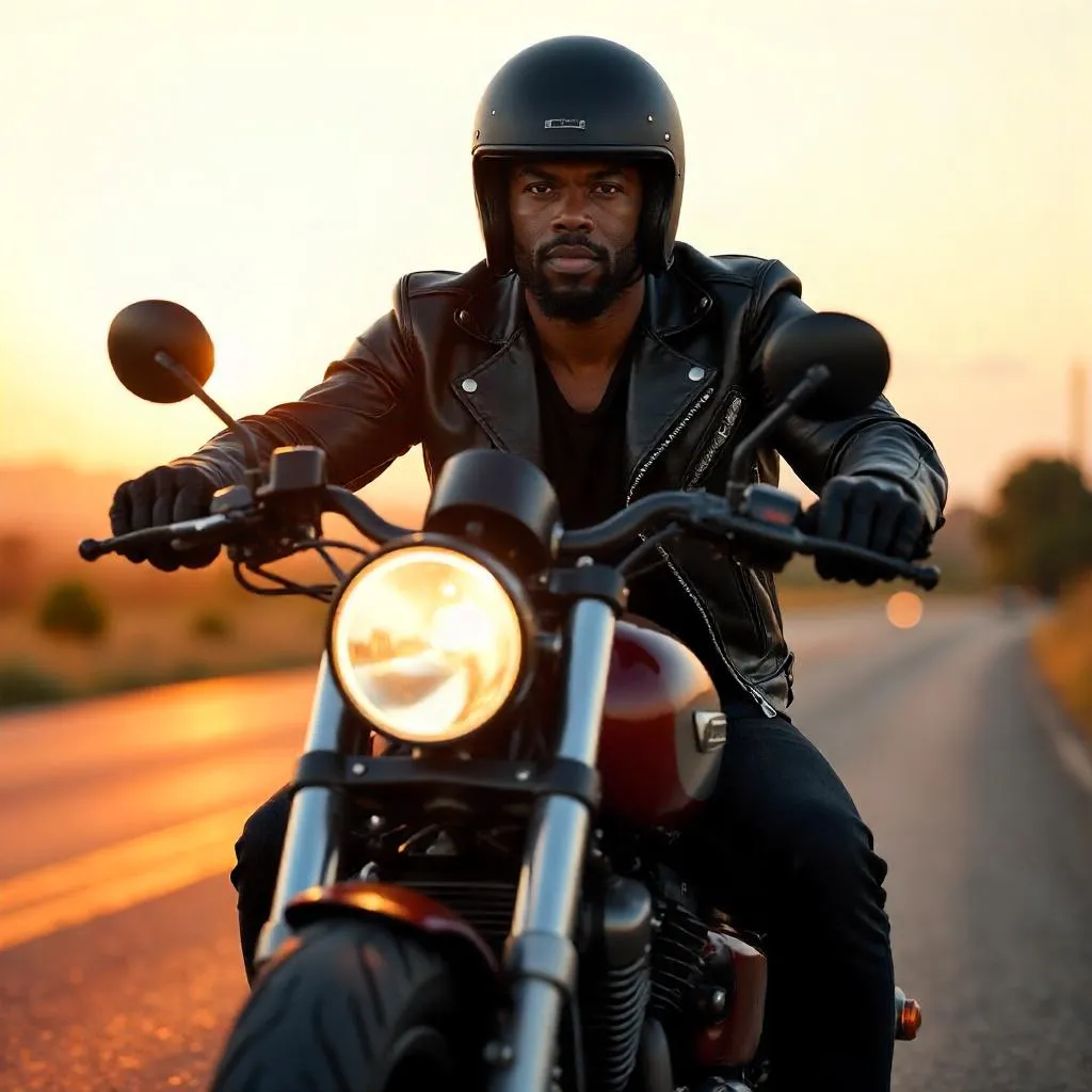 Strong Black Rider on a Photorealistic Motorcycle