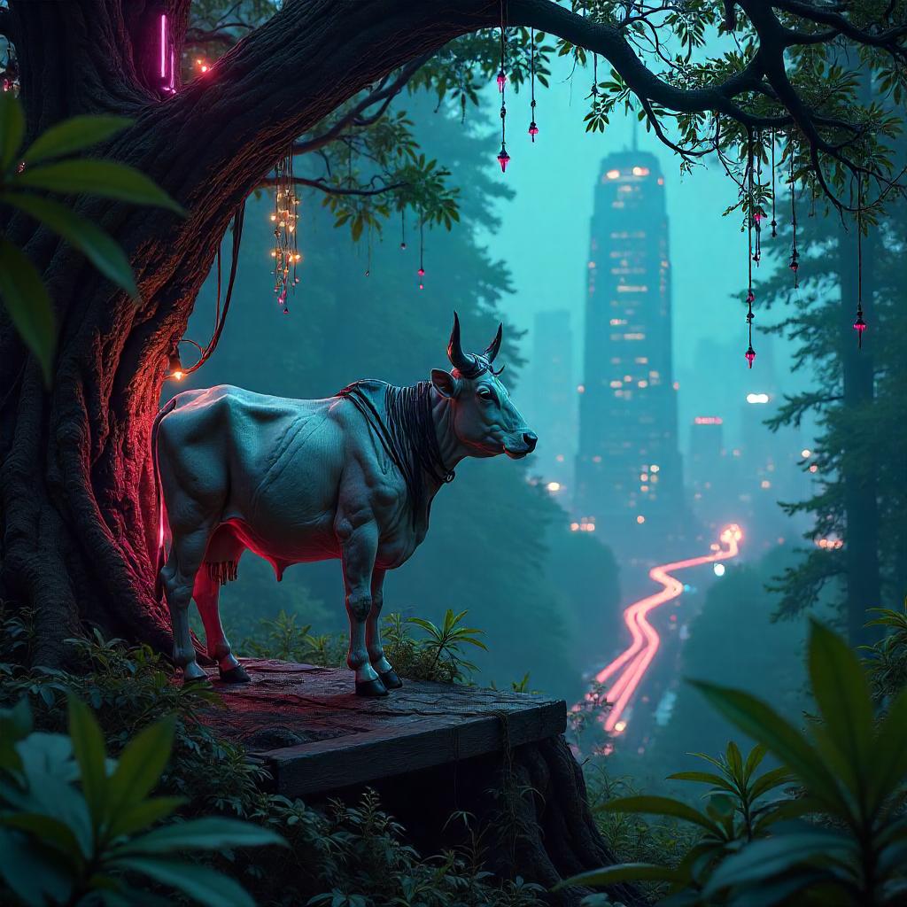 Cybercow in a Neon Treehouse