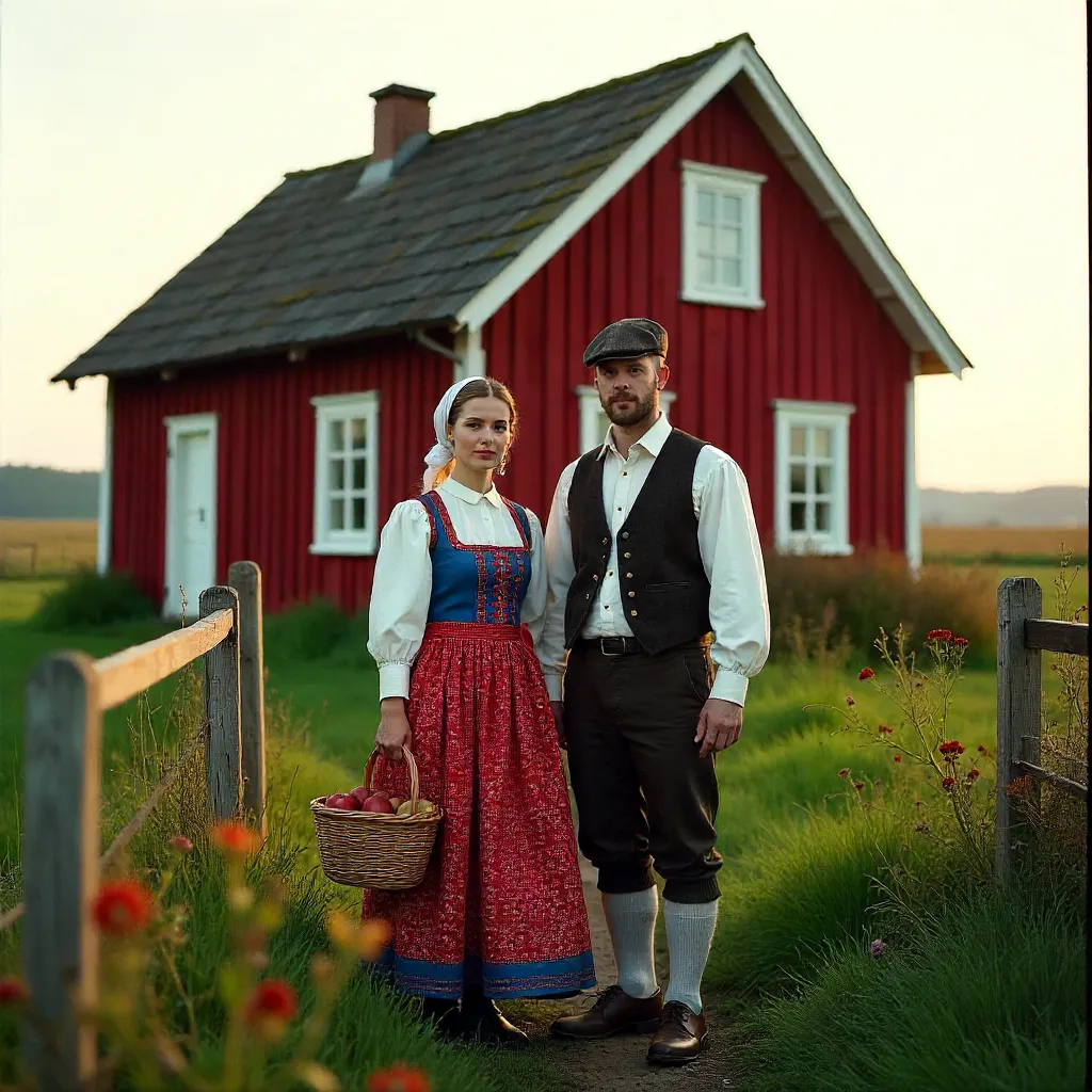Two in Folk Costumes by a Red Swedish Cottage