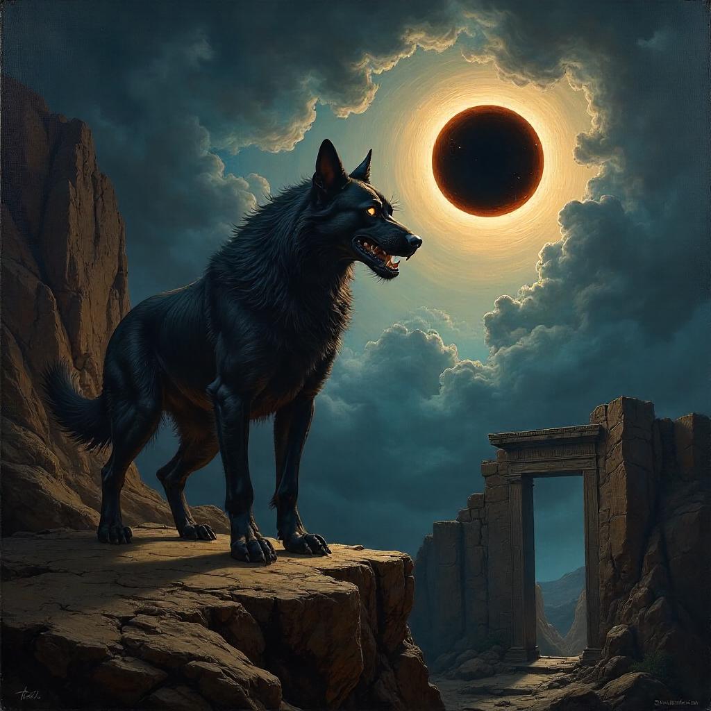 Cerberus at Eclipse: An Oil Painting