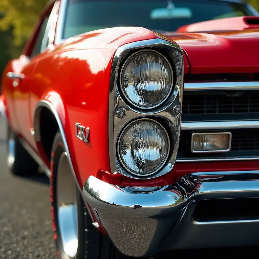 Close-Up of Vintage Red Muscle Car Chrome Details