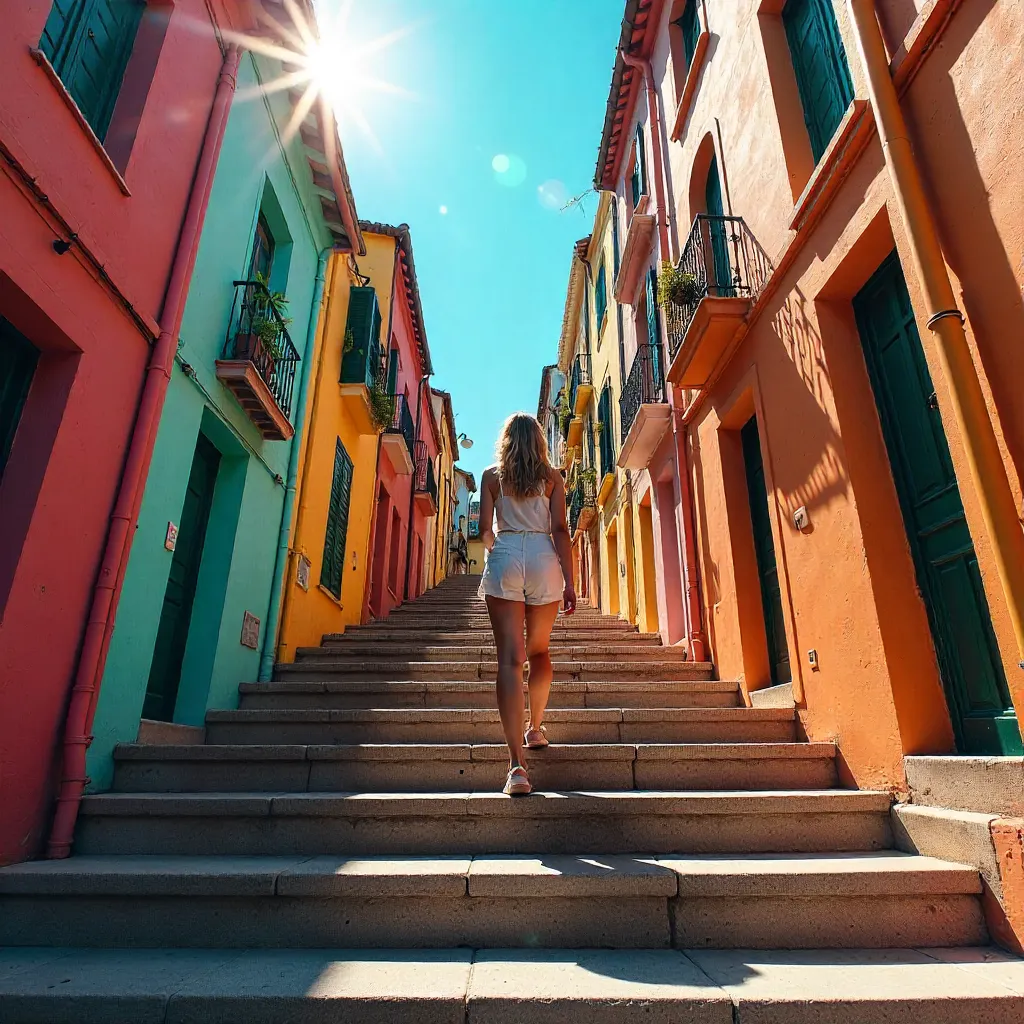 Staircase Walk Along Colorful Buildings on a Sunny Day