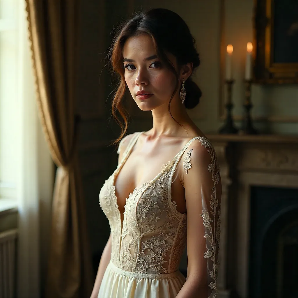 Elegantly Mysterious Portrait in a White Lace Dress