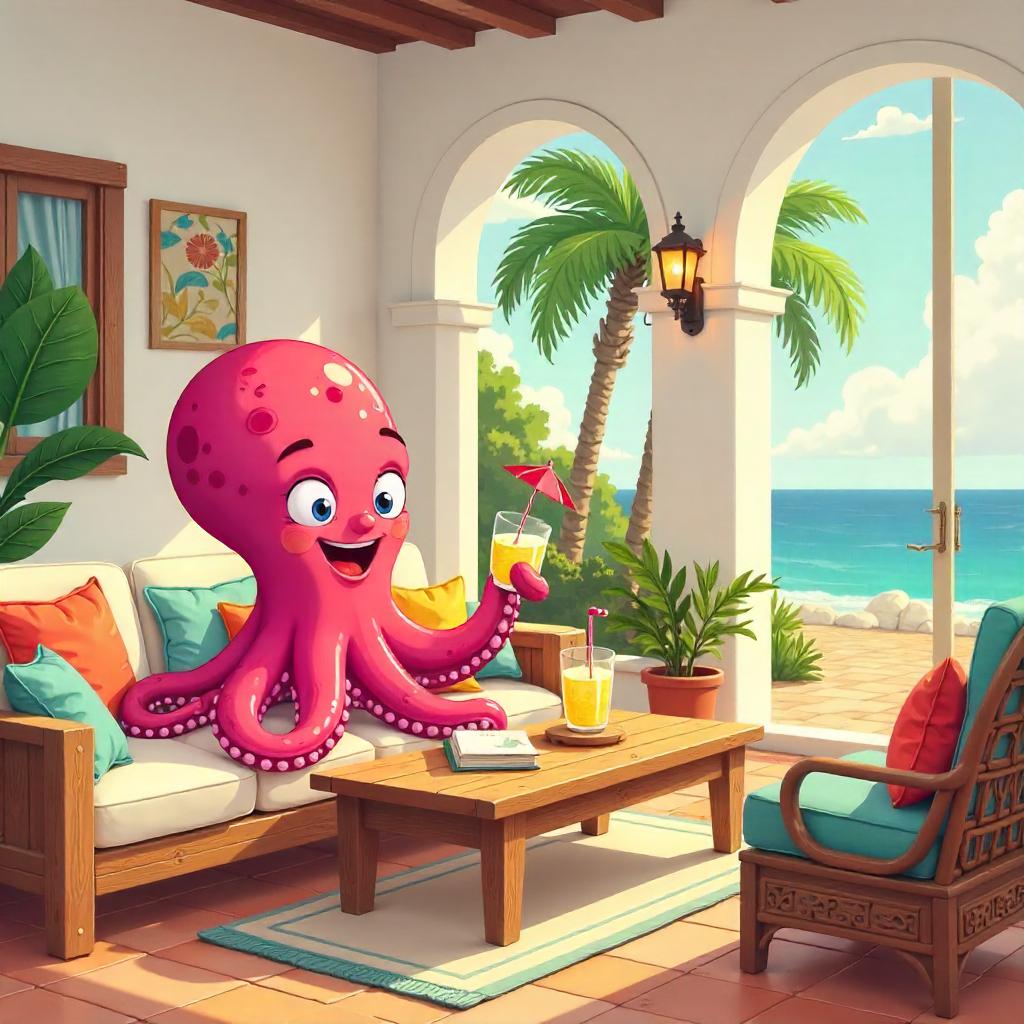 Cheerful Cartoon Octopus in a Sunny Villa Living Room