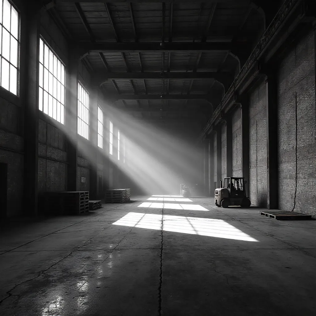 Moody Black-and-White Industrial Warehouse Interior