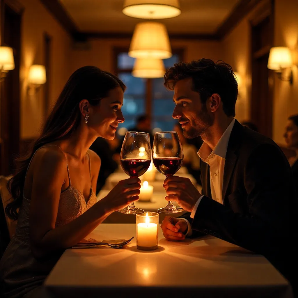 Two Lovers Clinking Glasses in a Cozy Romantic Restaurant