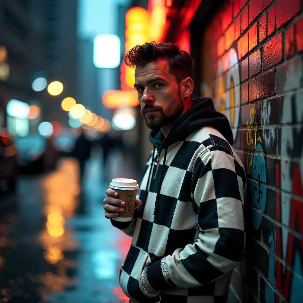 Candid Street Style: Man in Checkered Hoodie