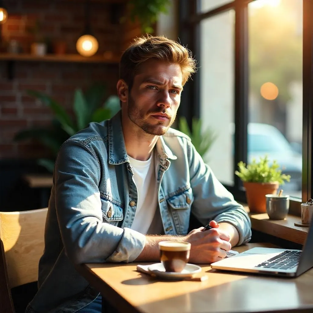 Photorealistic Young White Man in a Cozy Cafe