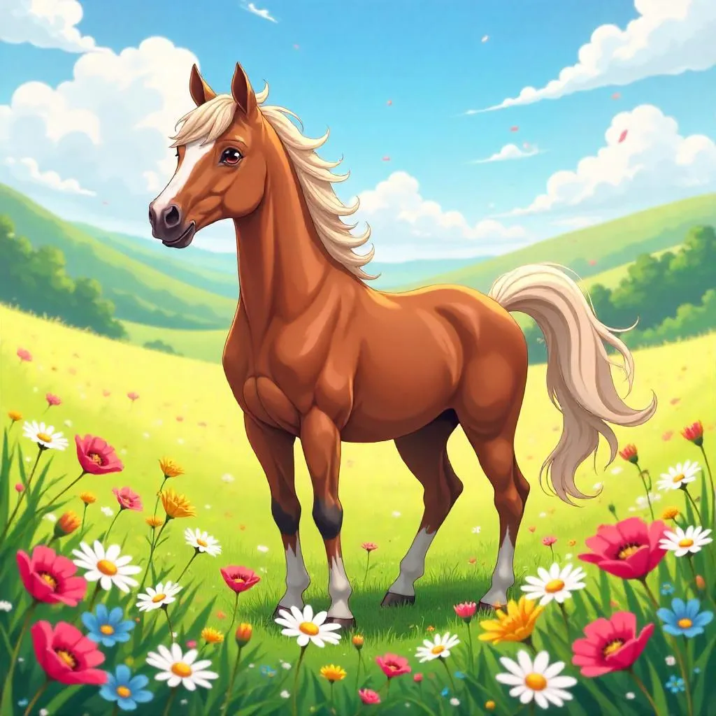 Whispering Breeze: Anime Horse in a Flower Field