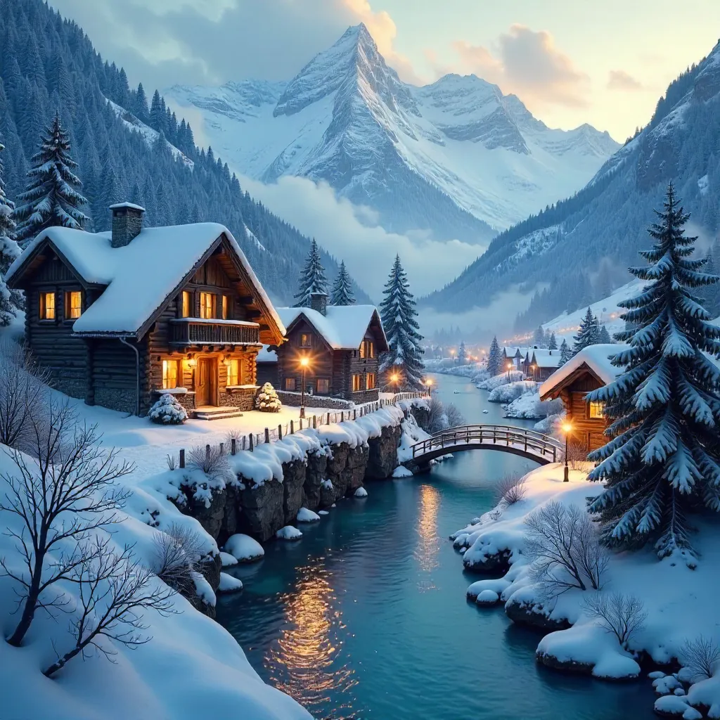 Idyllic Winter Village Nestled in Snowy Mountains