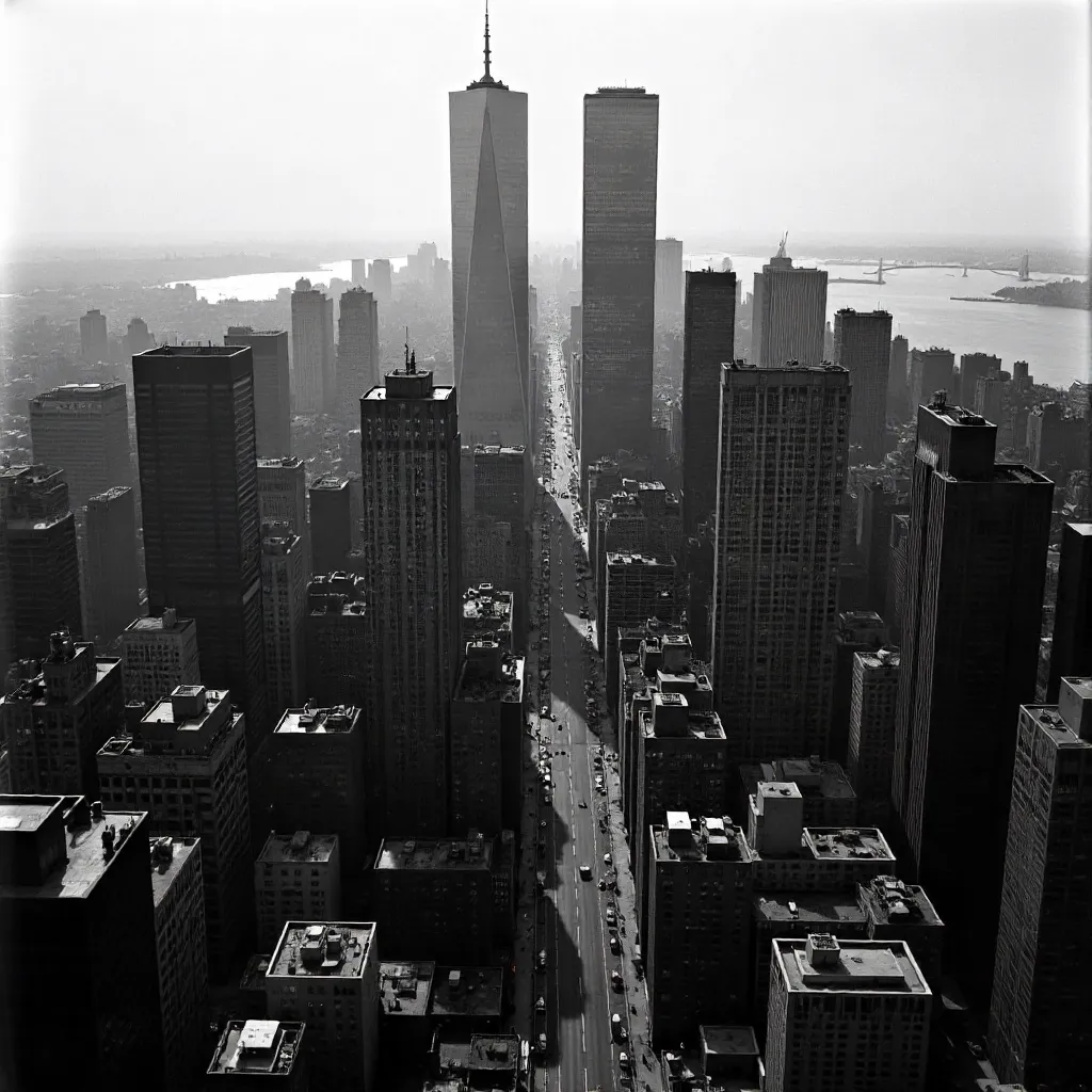 Aerial Monochrome: Manhattan Twin Towers Skyline