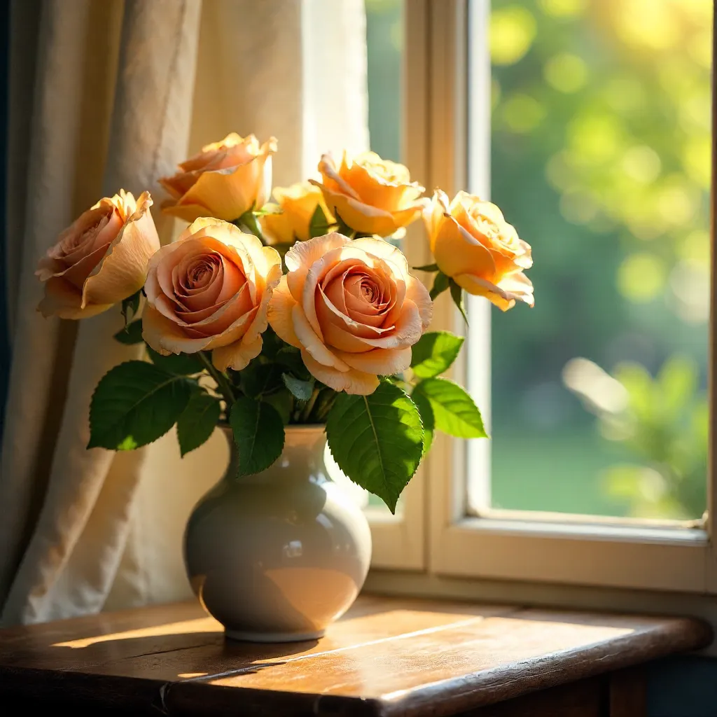 Sunlit Peach and Yellow Roses by the Window