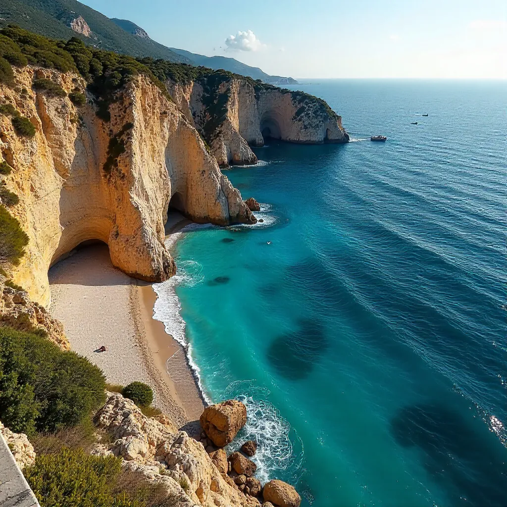 Aerial Confluence: Rocky Coast Meets Mediterranean Blues