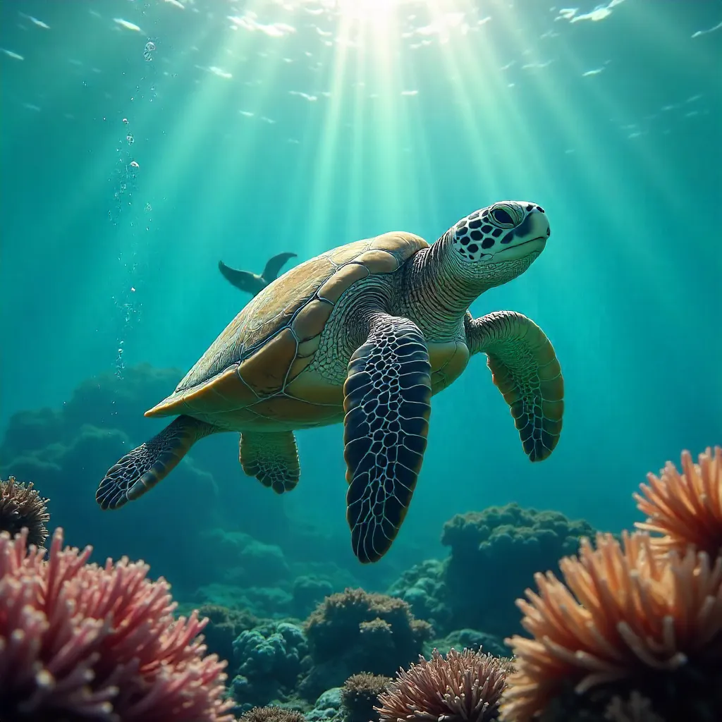 Serene Green Sea Turtle and Remora in Red Sea Waters