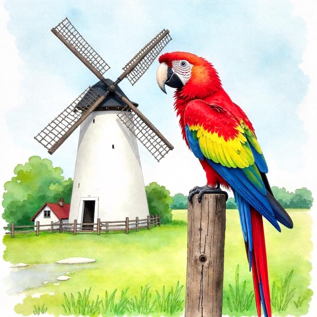 Watercolor Parrot Beside a Windmill in Soft Light