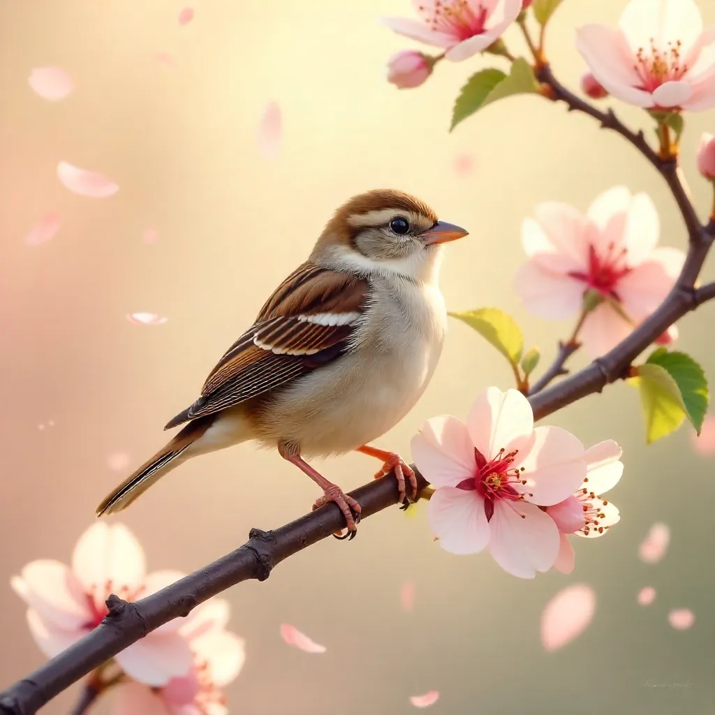 Sparrow Amid Cherry Blossoms in Spring