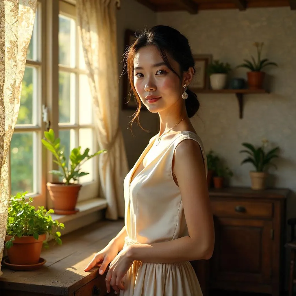 Elegant Asian Woman in a Cozy Cottage