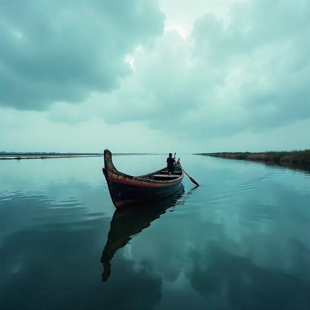 Solitary Moliceiro on Aveiro Lagoon under Clouds