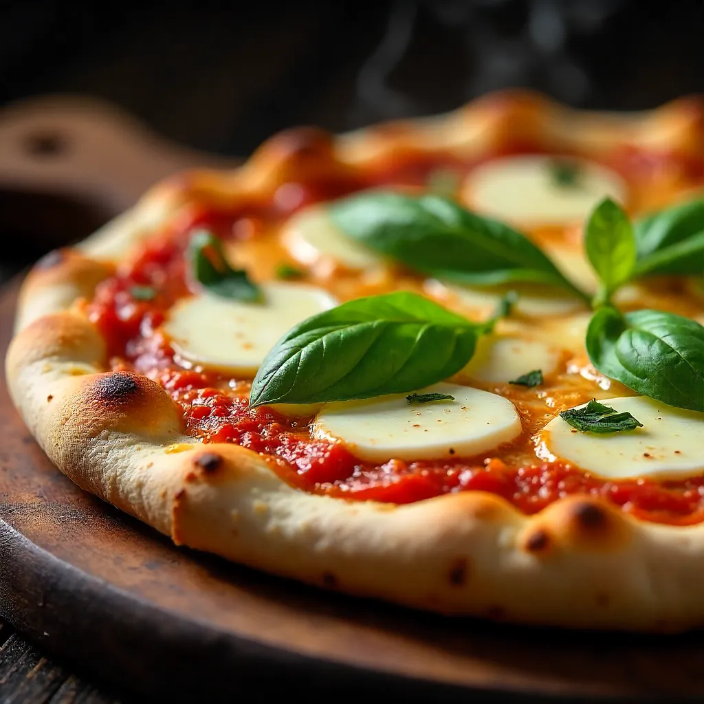 Macro Close-Up: Margherita Pizza with Basil and Mozzarella