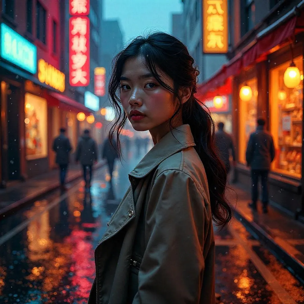 Oil Painting of a Beautiful Asian Girl on a Neon City Street