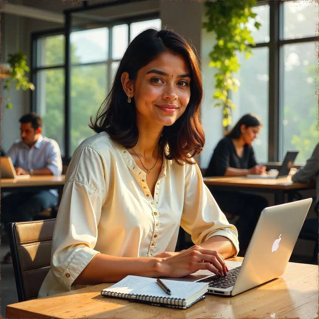 Oil Portrait of a Young Indian Woman in a Coworking Space