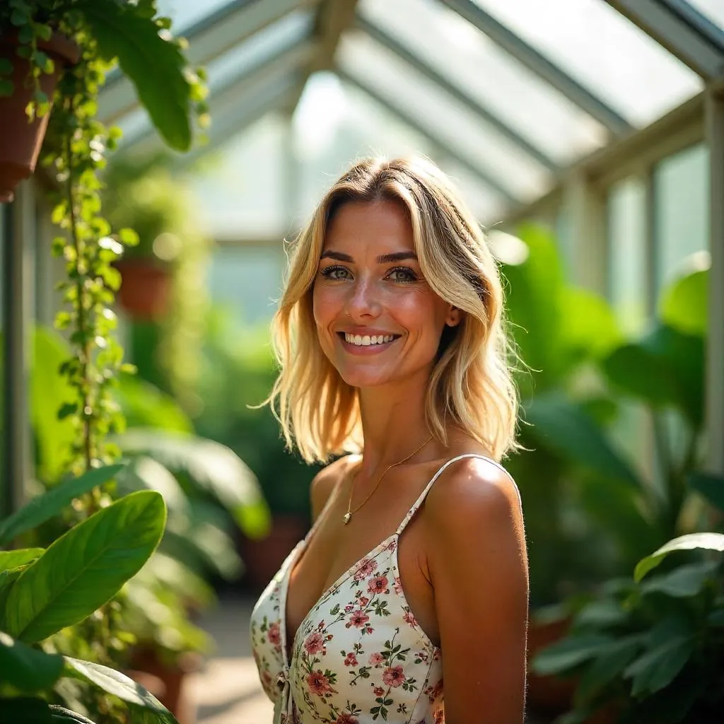 Cheerful Caucasian Woman in a Sunlit Conservatory