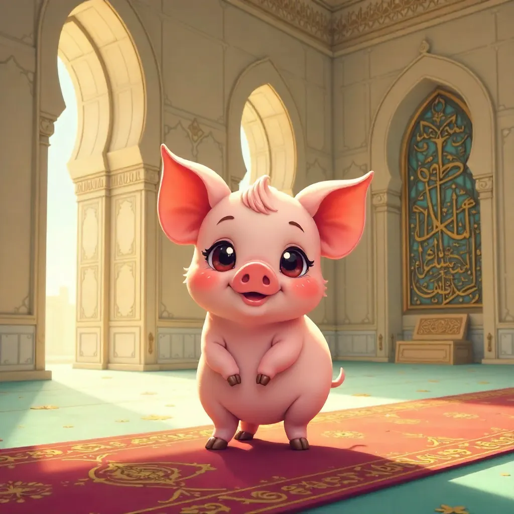 Whimsical Anime Pig in a Grand Mosque Interior