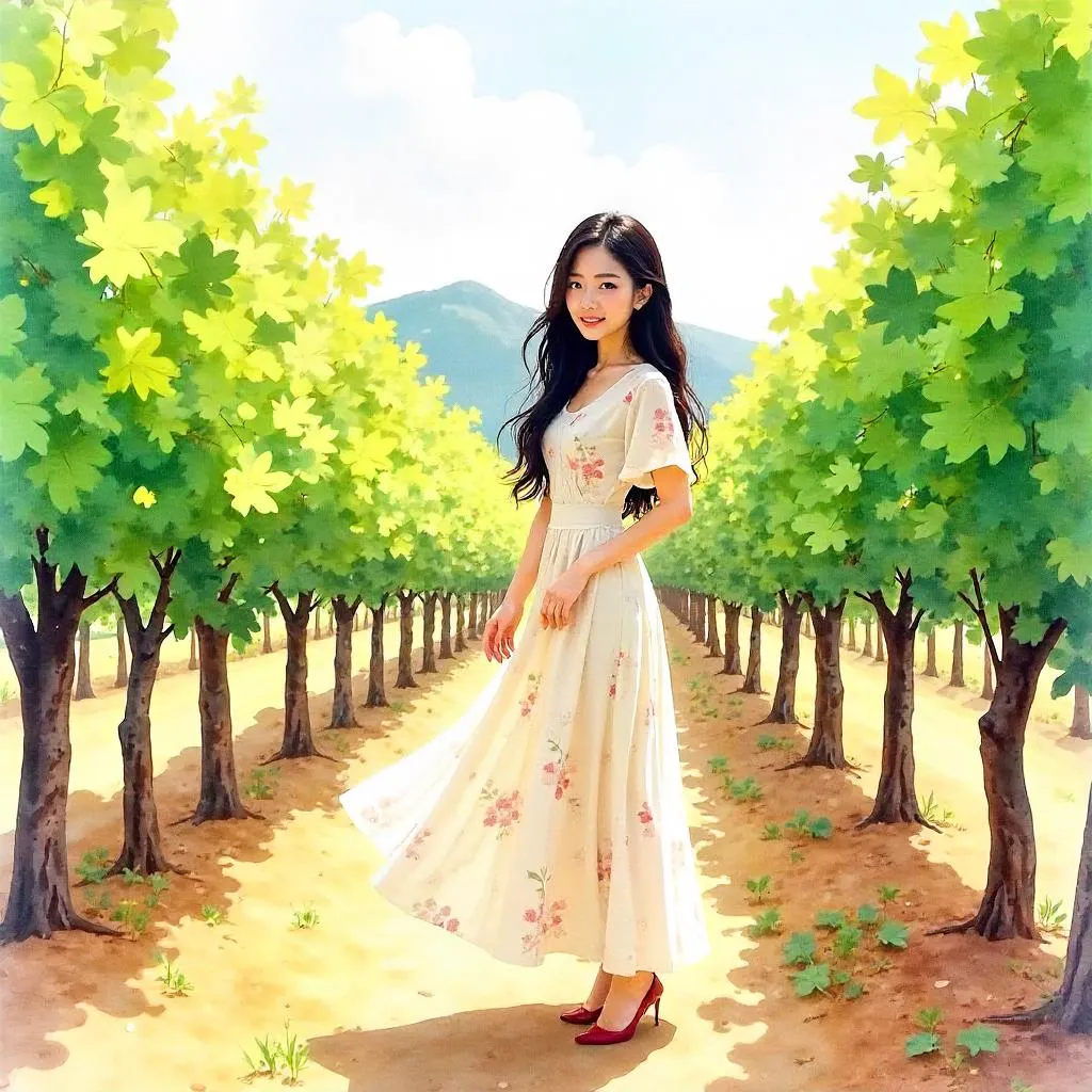 Watercolor Portrait of a Beautiful Asian Woman in a Vineyard