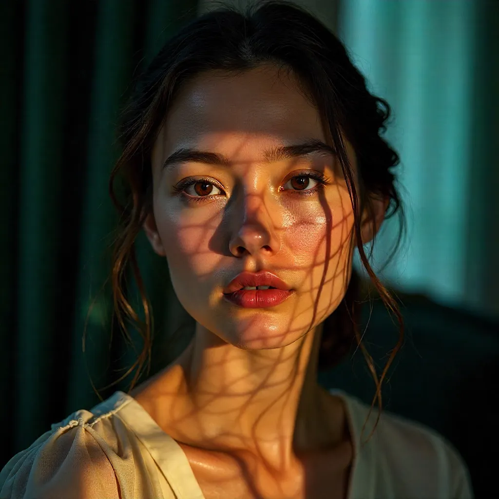 Netting Shadow Portrait: A Young Woman's Luminous Face
