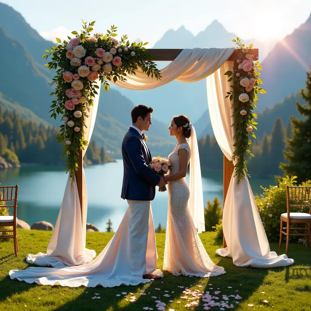 Floral Gazebo Wedding Beneath Majestic Mountain Backdrop