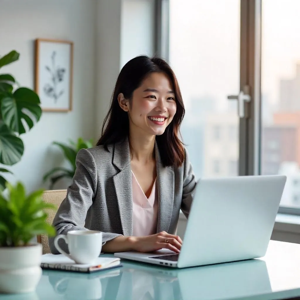 Cheerful Asian Woman in a Bright Modern Workspace