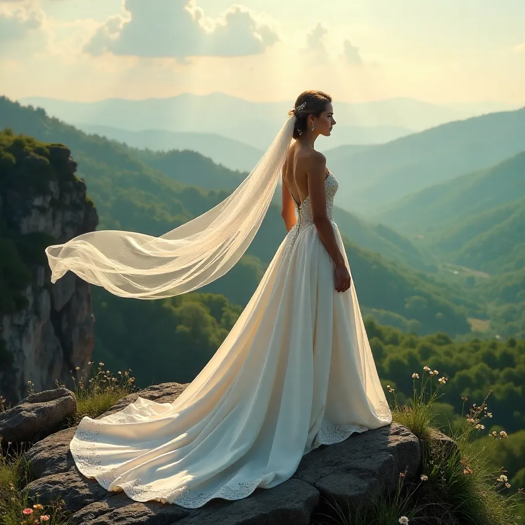 Bride on a Cliff with Flowing Veil and Lush Landscape