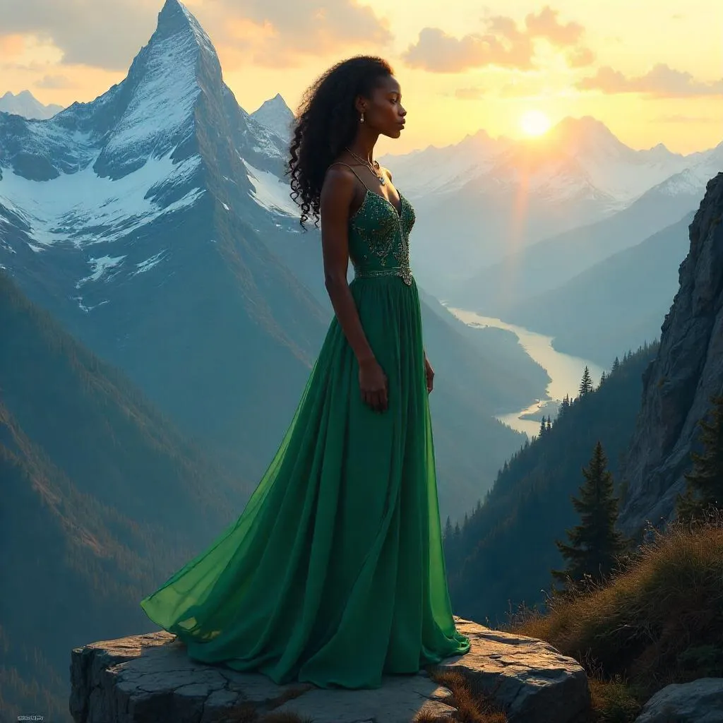 Elegant Black Girl in Mountain Landscape