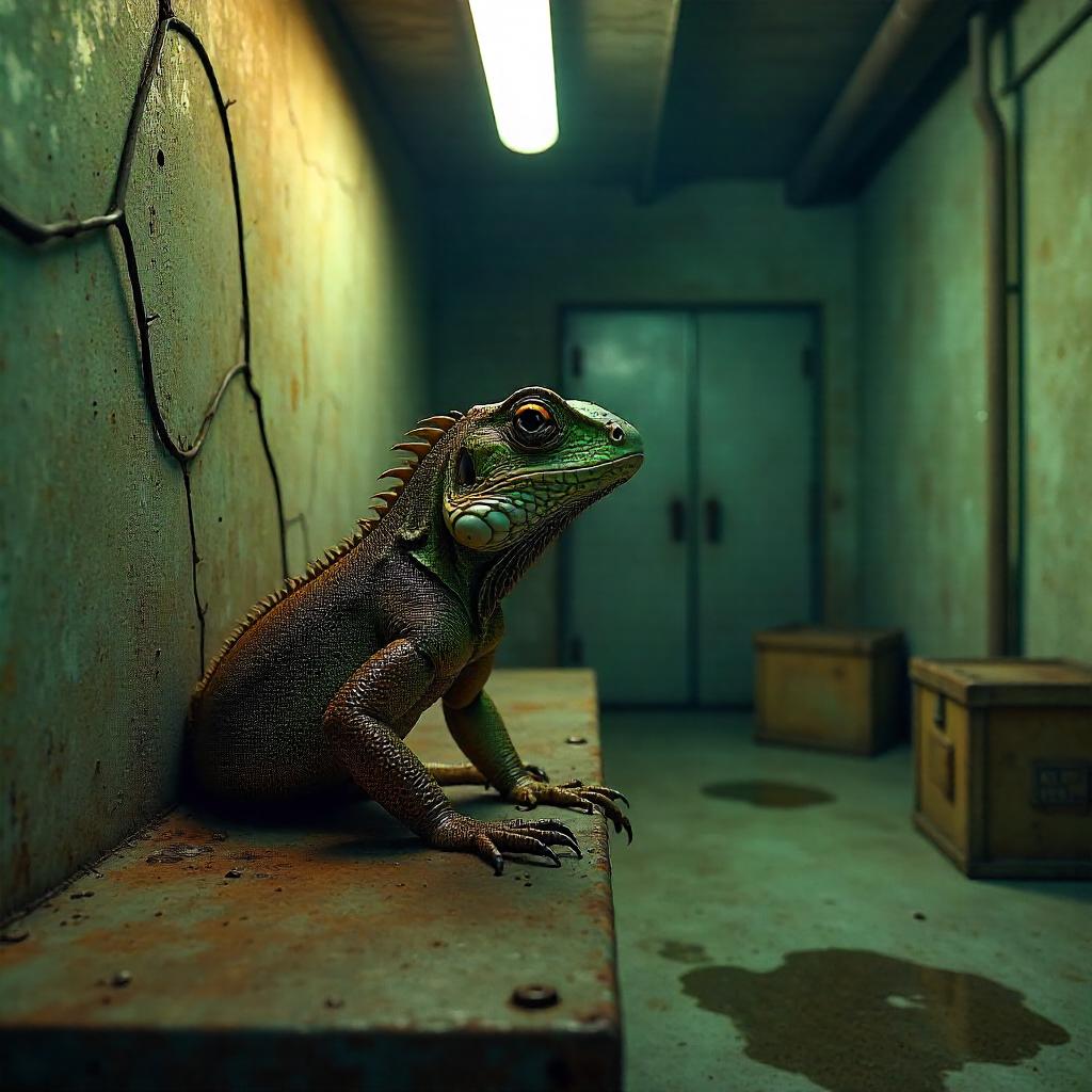 Photorealistic Lizard in a Dim Concrete Bunker