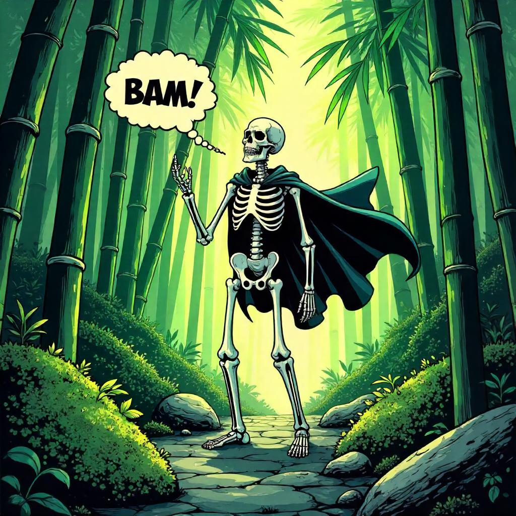 Skeleton Hero in a Bamboo Grove: Comic Scene