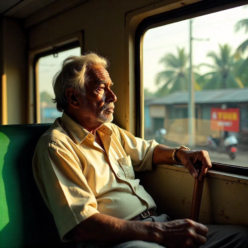 Elderly Man Gazes from a Chennai Train Window