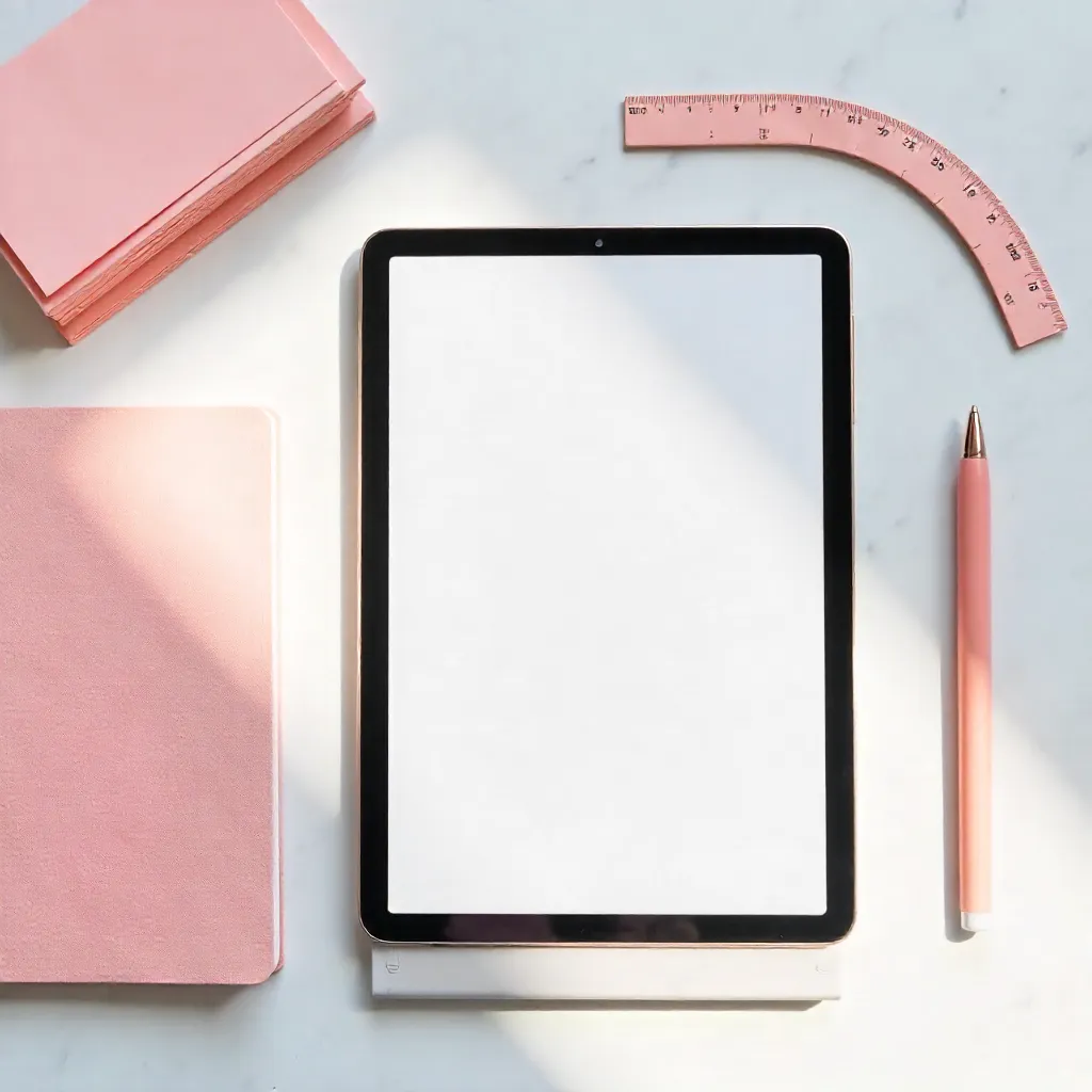 Pastel Pink Flat Lay: Tablet, Stationery & Envelopes