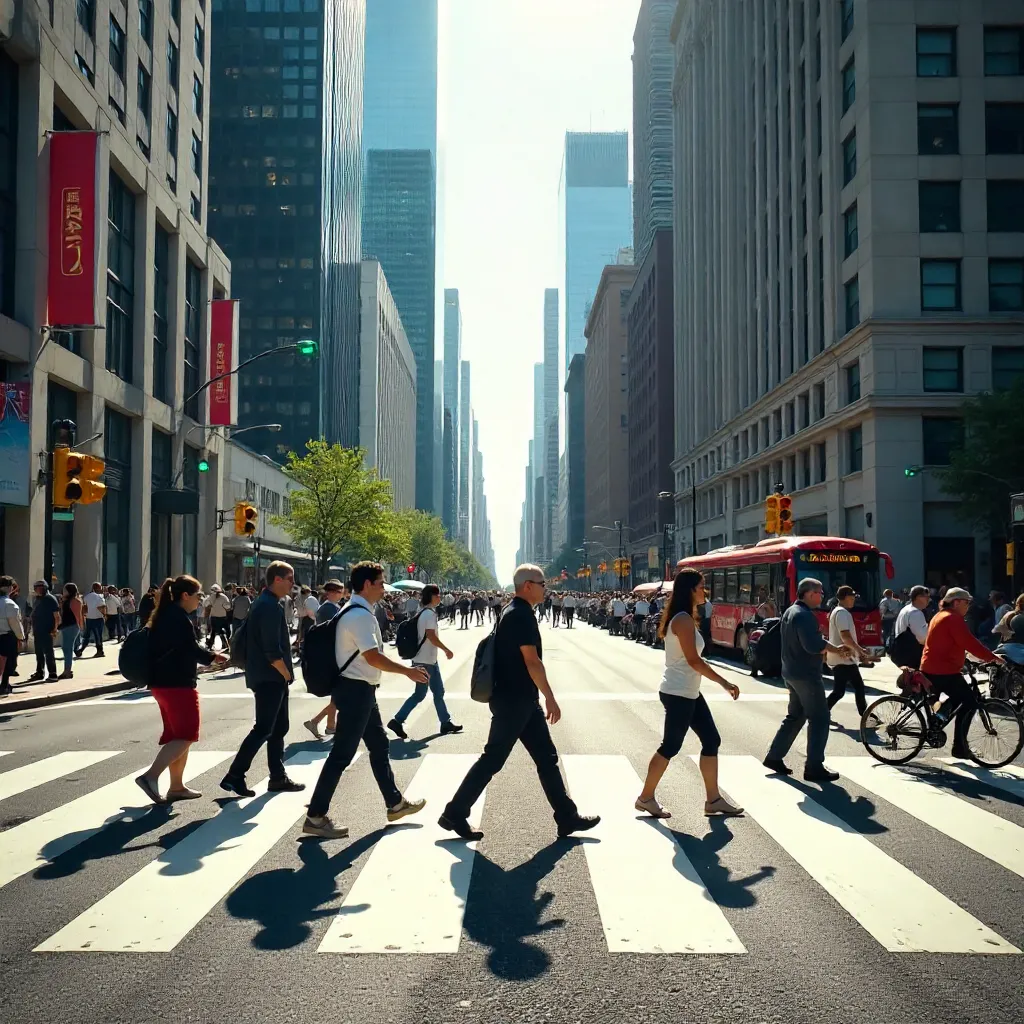 Sunlit Busy City Crosswalk: People and Cyclists