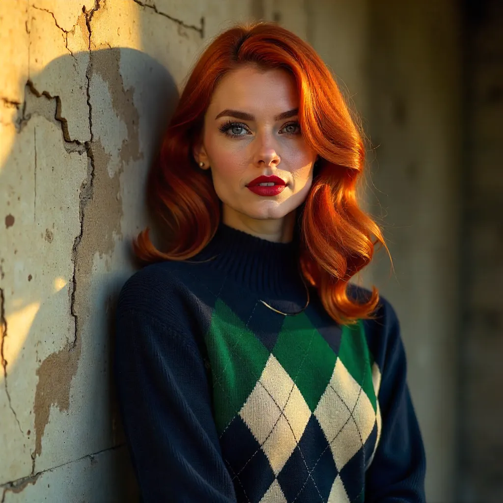 Red-Haired Elegance in an Argyle Sweater