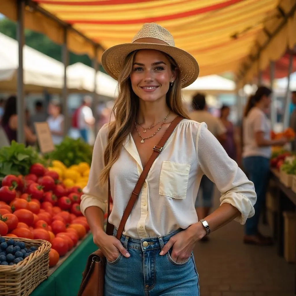 Confident White Woman at a Lively Farmers Market